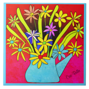 Azulejo Flores psicodélicas vibrantes en una malla azul