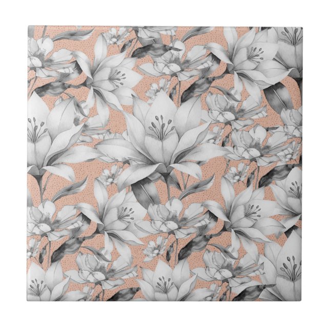 Azulejo Flores purpurinas de oro rosa blanco negro botánic (Frente)