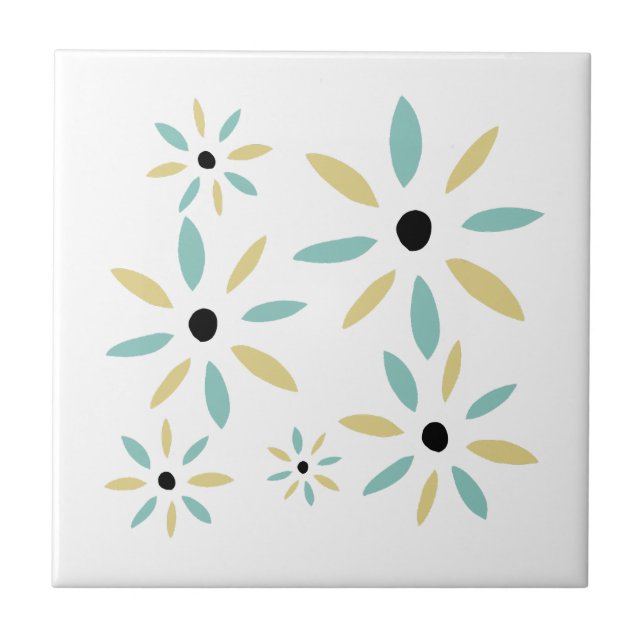 Azulejo Flores Retro Aqua Azul Y Amarillo De Moda Mediana (Frente)