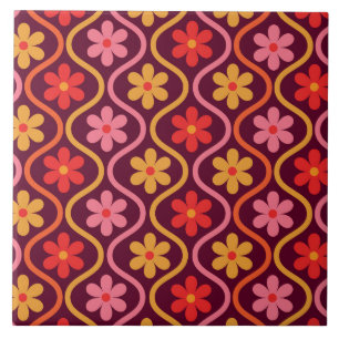 Azulejo Flores Retro Coloridas sobre Patrón Vintage Ogee 