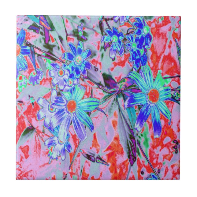 Azulejo Flores retro psicodélicas de Aqua verde y Naranja (Frente)