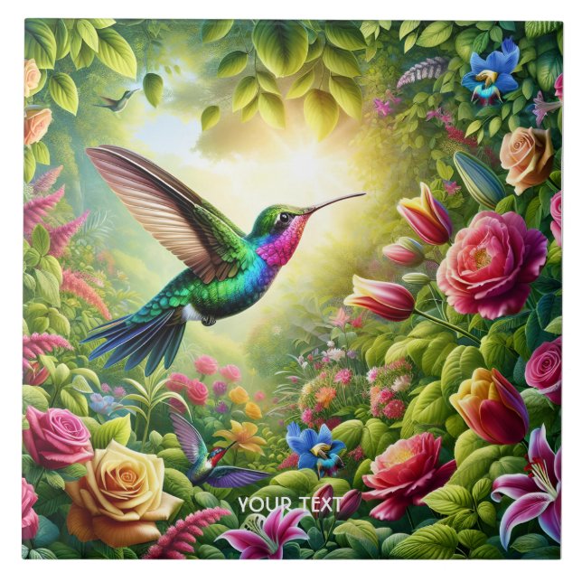 Azulejo Flores ricas de fantasía Hummingbird arcoiris (Frente)