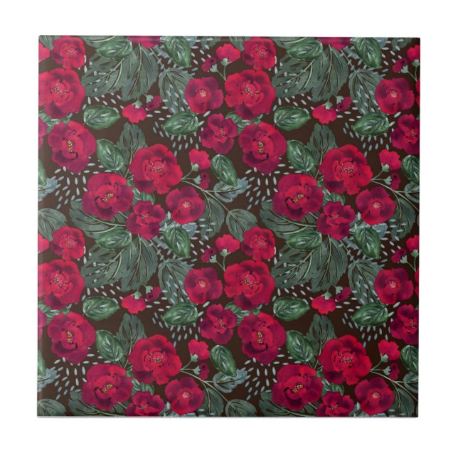 Azulejo Flores rojas, acuarela floral. (Frente)