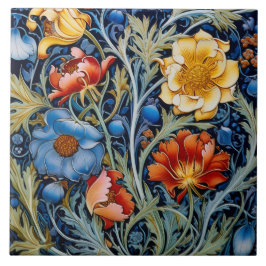Azulejo Flores rojas azules estilo William Morris