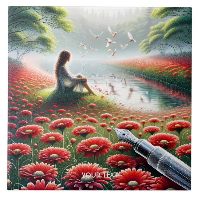 Azulejo Flores rojas Chicas de fantasía (Frente)
