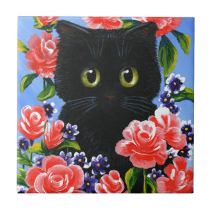 Azulejo Flores rojas de gato negro divertidas