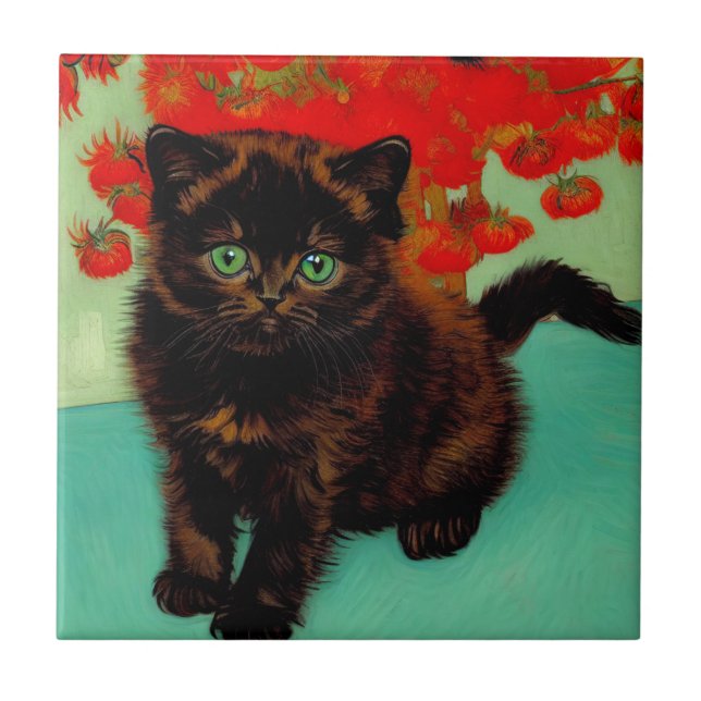Azulejo Flores rojas de gato negro Van Gogh (Frente)
