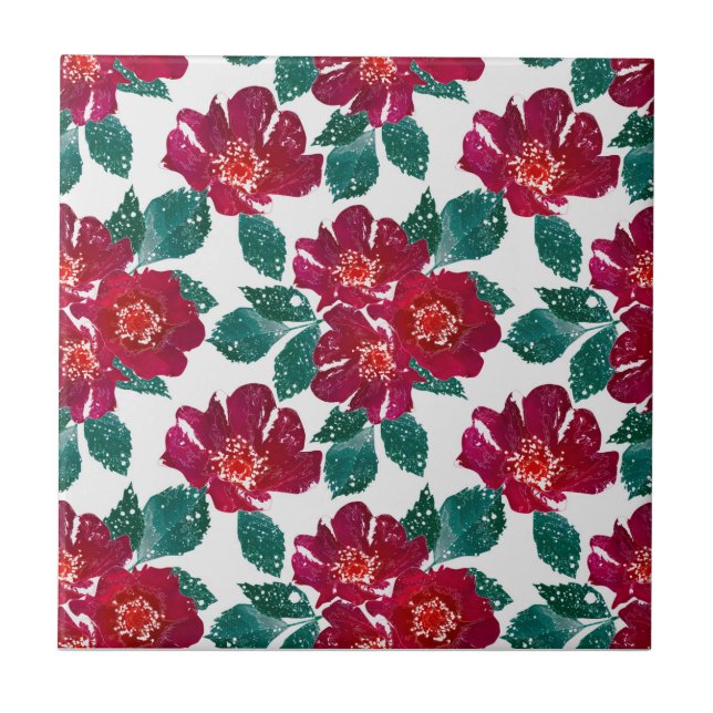 Azulejo Flores rojas en blanco. (Frente)