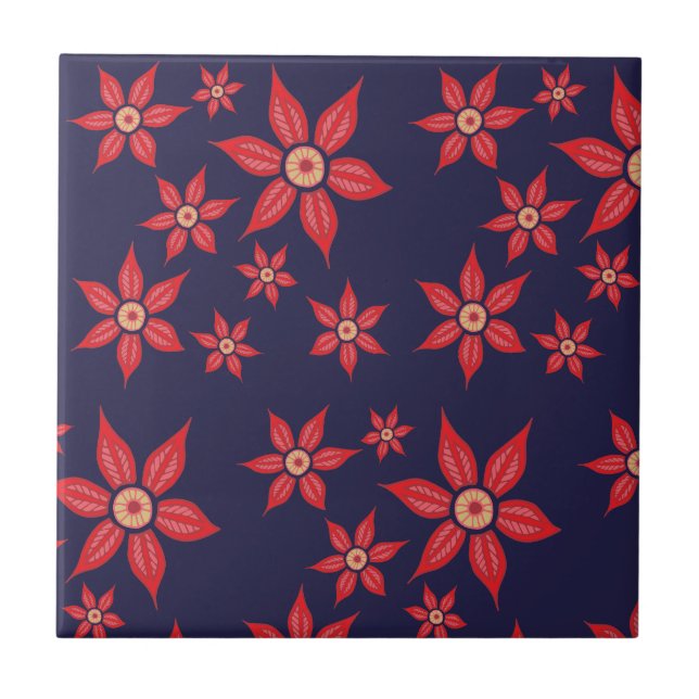 Azulejo Flores rojas en mosaico de cerámica azul (Frente)