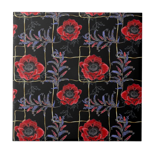 Azulejo Flores rojas en negro. (Frente)