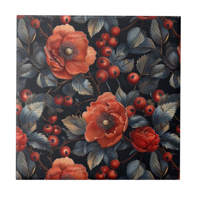 Azulejo Flores rojas en negro (Frente)