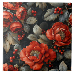Azulejo Flores rojas en negro