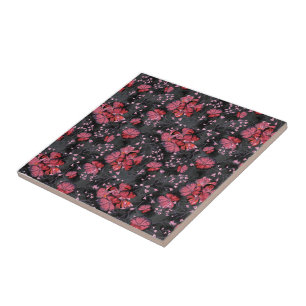 Azulejo Flores rojas en un fondo negro-gris.