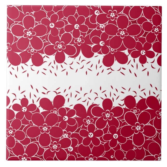 Azulejo Flores rojas marea sobre fondo blanco (Frente)
