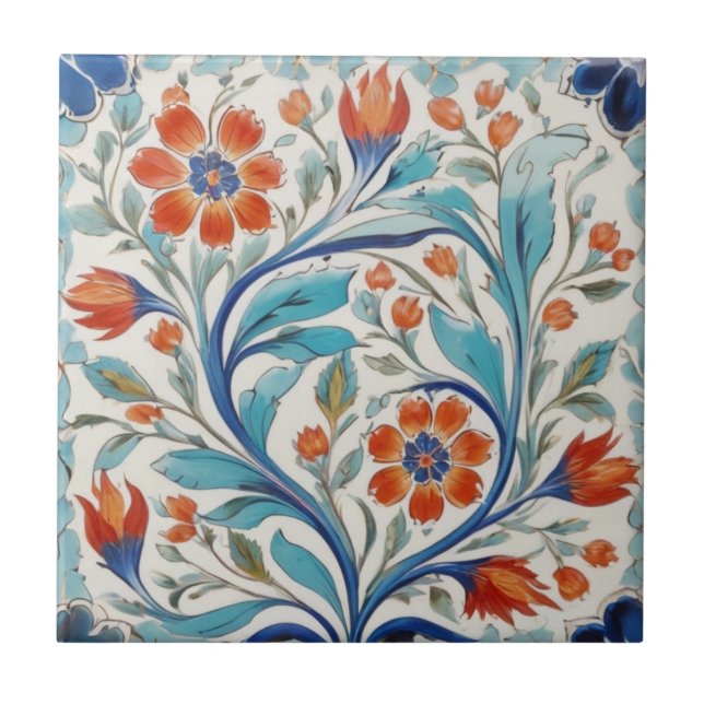Azulejo Flores rojas Naranja azul floral verde azul turco  (Frente)