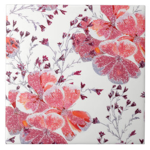 Azulejo Flores rojas rosadas sobre blanco.