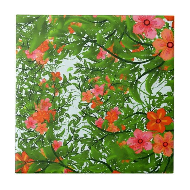 Azulejo Flores rojas sobre verde (Frente)