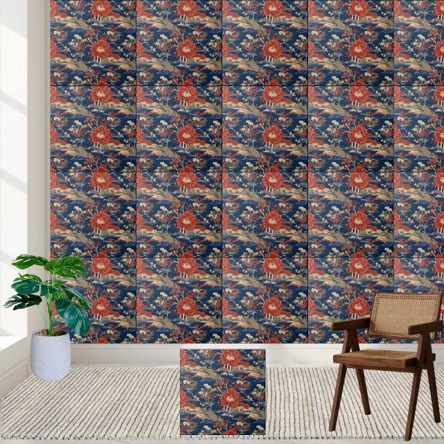 Azulejo Flores rojas vibrantes y paisaje chino azul (Vibrant Red Flowers and Blue Chinoiserie Landscape Ceramic Tile)