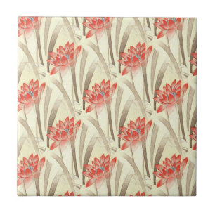 Azulejo Flores rojas vintage sobre patrón beige