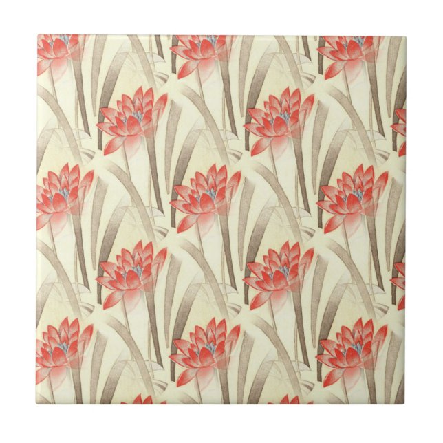Azulejo Flores rojas vintage sobre patrón beige (Frente)