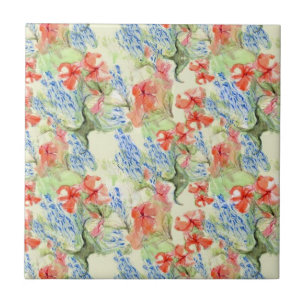 Azulejo Flores rojas y azules en estilo retro