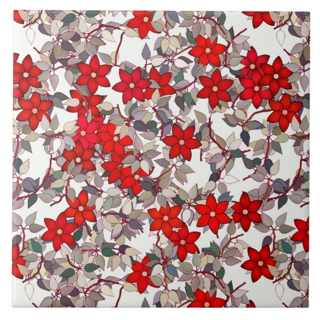 Azulejo Flores rojas y hojas gris plateado (Frente)