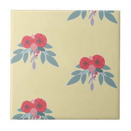 Azulejo Flores rojas y hojas verdes en marrón