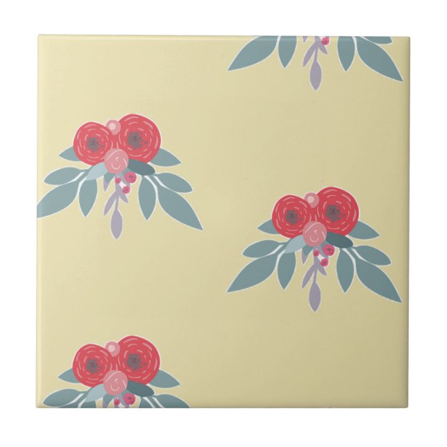 Azulejo Flores rojas y hojas verdes en marrón (Frente)