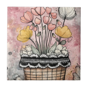 Azulejo Flores románticas de primavera en rosa y dorado