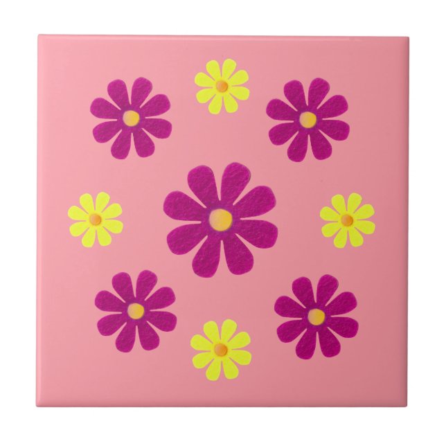 Azulejo Flores rosa y amarilla de primavera para la cocina (Frente)