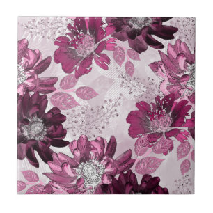 Azulejo Flores rosadas, burdeos sobre rosa polvoriento