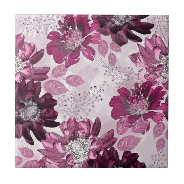 Azulejo Flores rosadas, burdeos sobre rosa polvoriento (Frente)