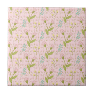 Azulejo Flores rosadas hojas verdes jardín floral primaver