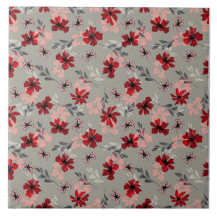 Azulejo Flores rosadas rojas sobre un fondo gris.