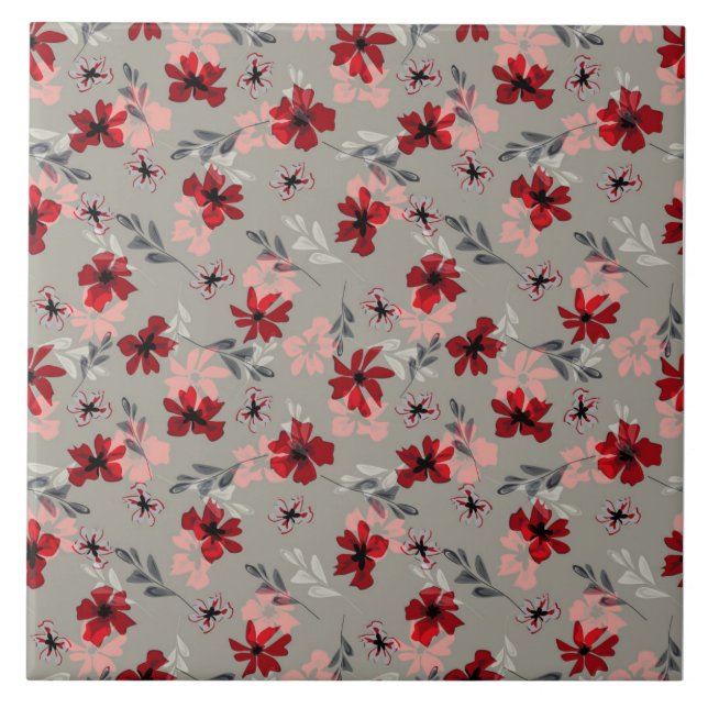 Azulejo Flores rosadas rojas sobre un fondo gris. (Frente)