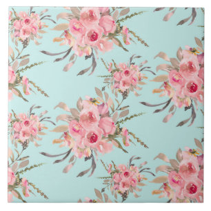 Azulejo Flores rosadas sonrojadas sobre azul claro