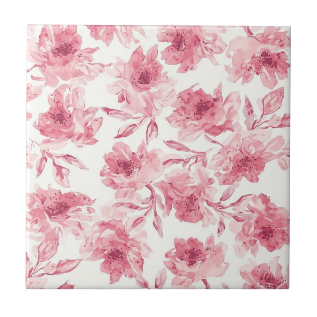 Azulejo Flores rosadas sonrosadas pintadas con acuarela fl (Frente)
