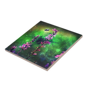 Azulejo Flores rosadas y abeja contra el mundo