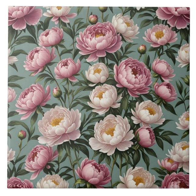 Azulejo Flores rosadas y blancas Peony (Frente)