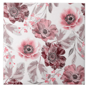 Azulejo Flores rosadas y burdeos sobre fondo blanco.