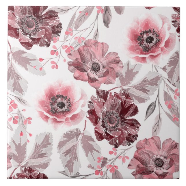 Azulejo Flores rosadas y burdeos sobre fondo blanco. (Frente)