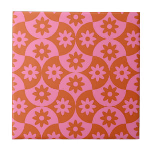 Azulejo Flores rosadas y naranjas en vieiras de mediados d