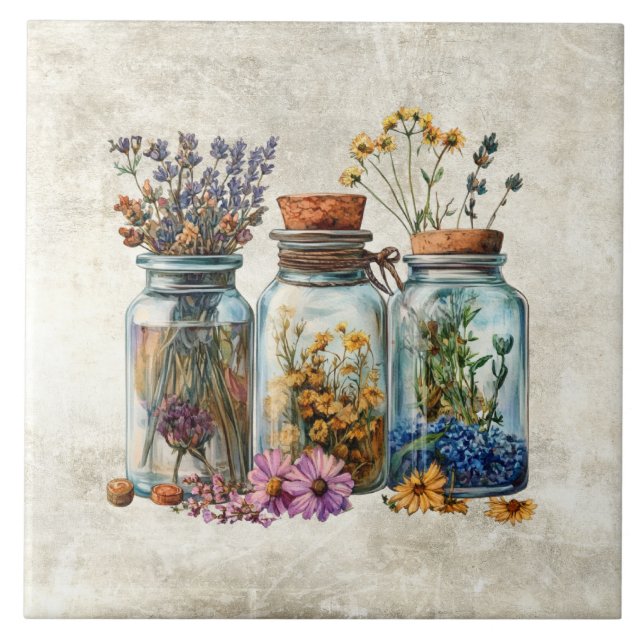 Azulejo Flores Rústicas de Acuarela en Tarros (Frente)