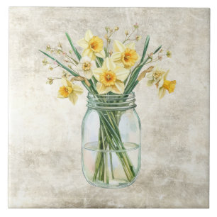 Azulejo Flores Rústicas Narcisos en Tarro Antiguo 