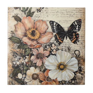 Azulejo Flores rústicas y mariposa - Papel de edad (14)