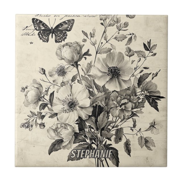 Azulejo Flores rusticas y mariposa - Papel de edad (8) (Frente)