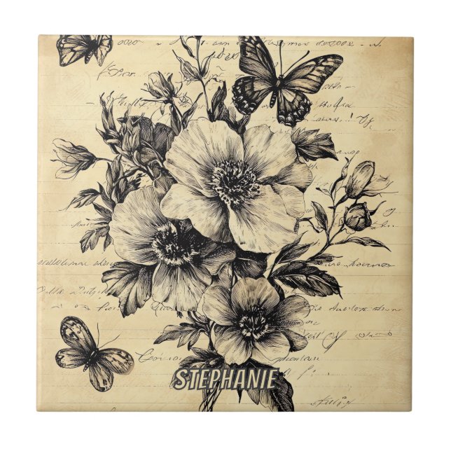 Azulejo Flores rusticas y mariposa - Papel de edad (9) (Frente)