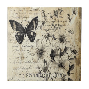 Azulejo Flores Rústicas y Mariposa - Papel Envejecido