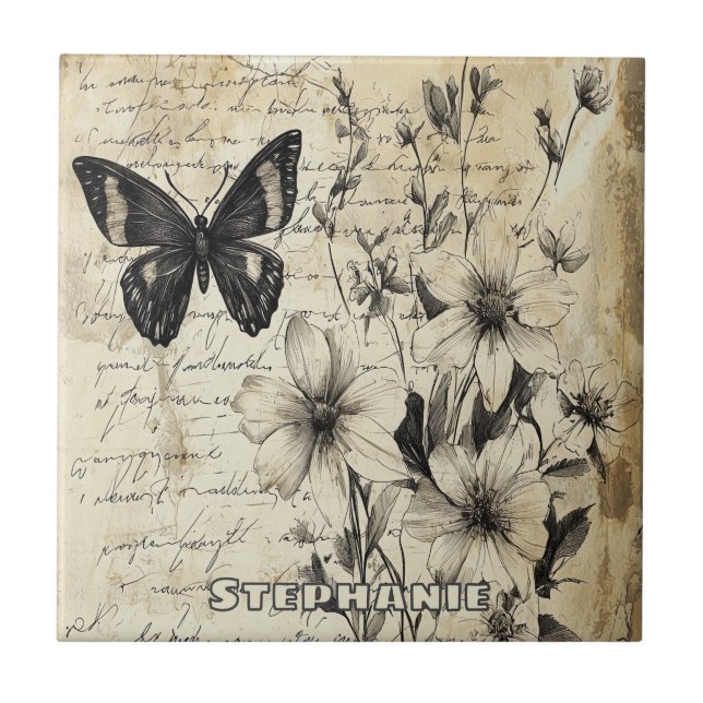 Azulejo Flores Rústicas y Mariposa - Papel Envejecido (Frente)