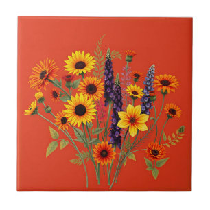 Azulejo Flores salvajes vibrantes en el fondo de Terracota